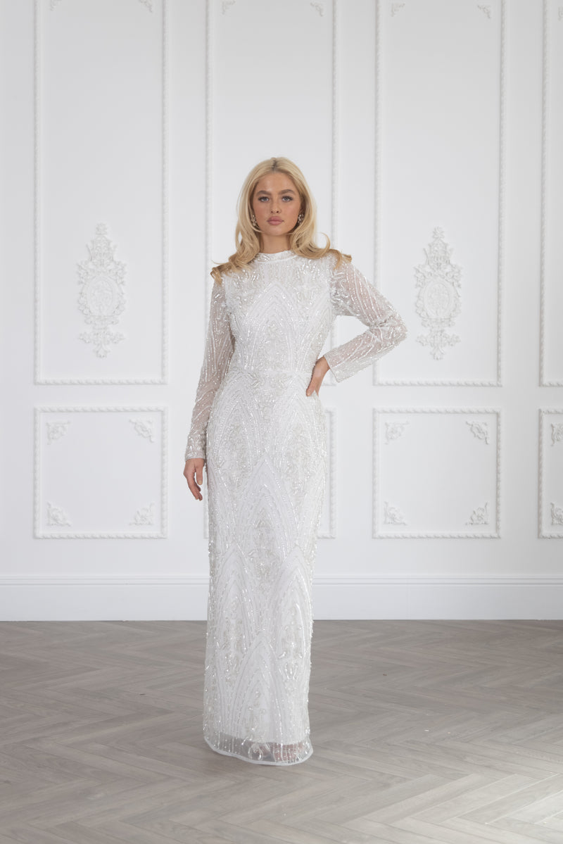 ELHM White Long Sleeved Embellished Maxi Dress